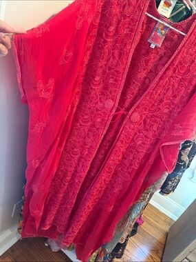 Johnny Was Coral Red Embroidered Sheer Kimono